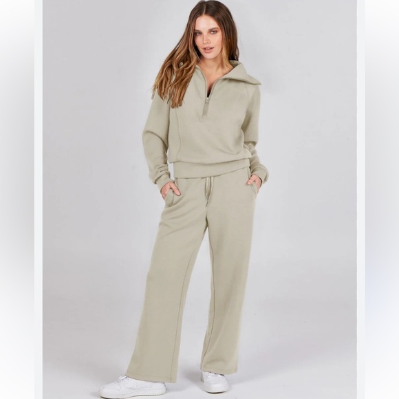 Anrabess Light Khaki 2 Piece Wide Leg Lounge Set Funnel Neck Pullover Size Small - Picture 2 of 14